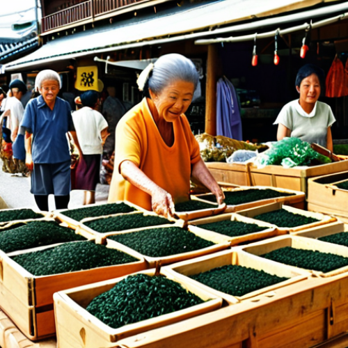 Home 11 **
"A vibrant, sun-drenched marketplace in Okinawa, Japan. Focus on a close-up of a vendor selling colorful seaweed and traditional Okinawan sea salt in rustic wooden containers. The scene is bustling with activity, showcasing healthy, elderly Okinawans interacting and purchasing food. Capture the essence of longevity and traditional diet."
**