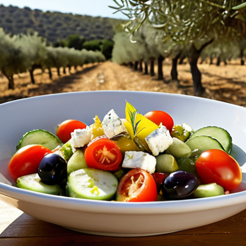 **

A vibrant Mediterranean salad drizzled with extra virgin olive oil (AOVE). The salad includes fresh tomatoes, cucumbers, olives, and crumbled feta cheese. In the background, a sun-drenched olive grove in Spain suggests the origin of the high-quality olive oil. Focus on the freshness of the ingredients and the golden hue of the olive oil.

**